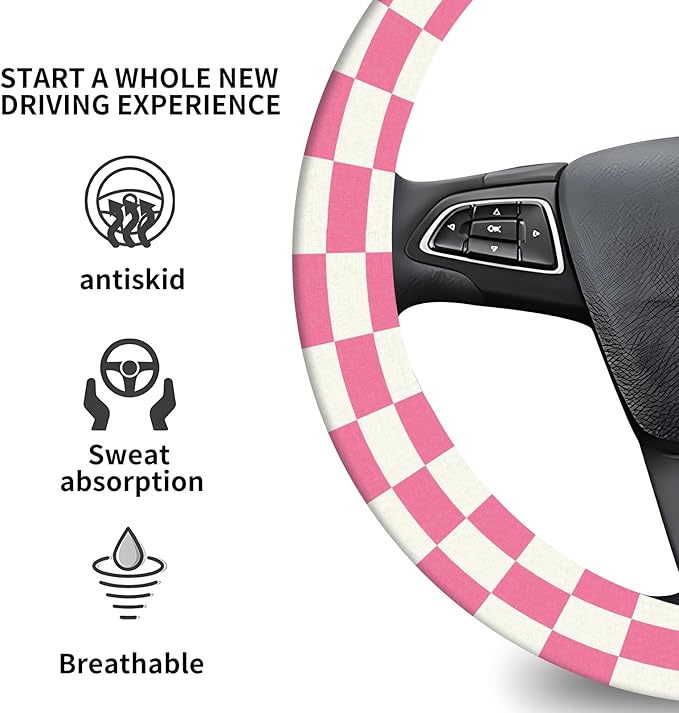 Elastic Car Steering Wheel Cover, Universal 16 inch Non-Slip Breathable Neoprene Steering Wheel Protector, Car Accessories for Women Men Fit Auto, Suvs, Truck Pink Checkerboard