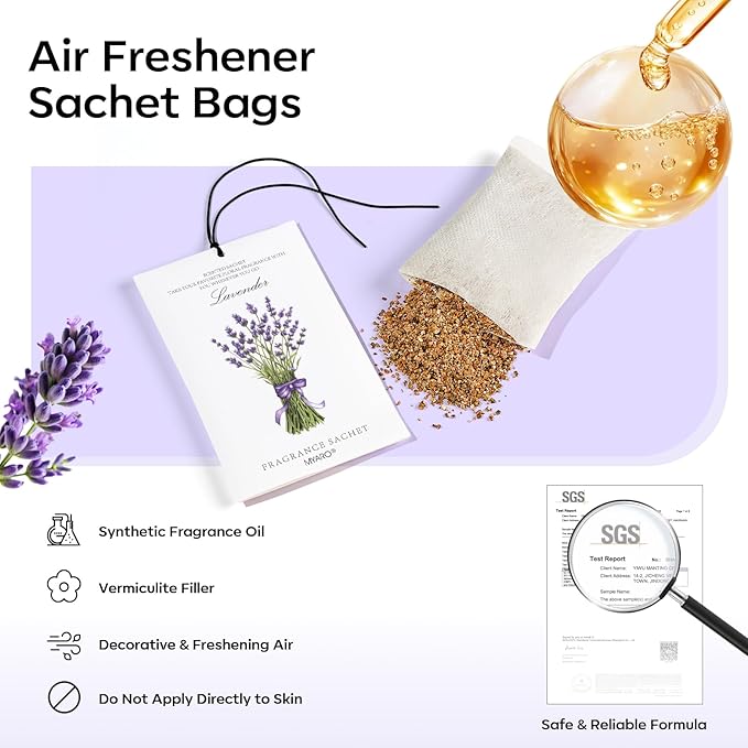 MYARO 12 Pack Lavender Scented Sachets | Odor Eliminator & Air Freshener for Drawer, Closet, Car, Shoes, Gym Bag, Suitcase | Home Fragrance Gift Set