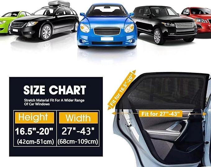 Car Rear Side Window Shades,2 Pack Stretchy Mesh Car Window Screens Sun Shades Mosquito Nets Covers Fit for 96% Cars SUVs, Anti-Sun Glare,UV Protection,Privacy Protection