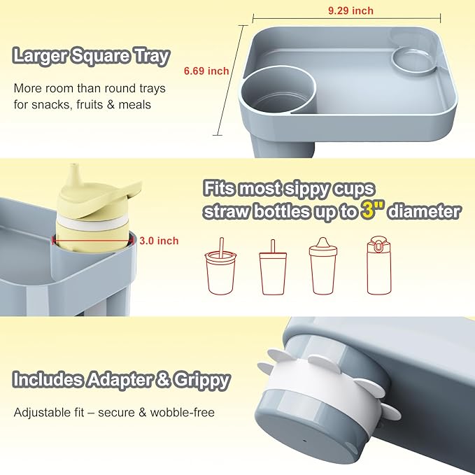 Car Seat Snack Tray for Toddlers - 3 Inch Cup Holder Fits Most Sippy Cups & Straw Bottles with Dip Well, Mess-Free Square Kids Travel Tray Road Trip Essentials, Grey