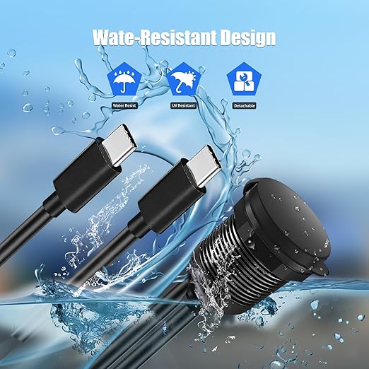 Dual Port USB C 2.0 Male to USB C 2.0 Female Extension Cable,Flush Mount Waterproof Panel Cable for Car,Truck,Boat,Motorcycle Dashboard 3.3ft
