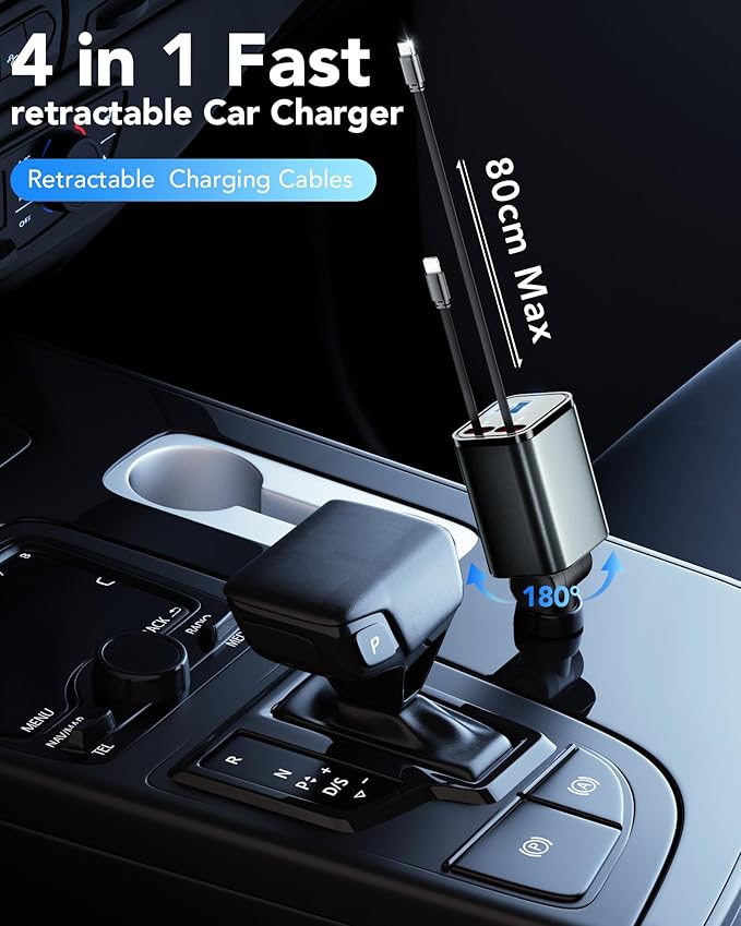 Retractable Car Charger,69W Car Phone Charger USB C Fast Charge,Cigarette Lighter USB Charger Car Accessories for Women,Road Trip Essentials Gift for Men,RV Power Adapter for iPhone 17/16/15/14,Galaxy