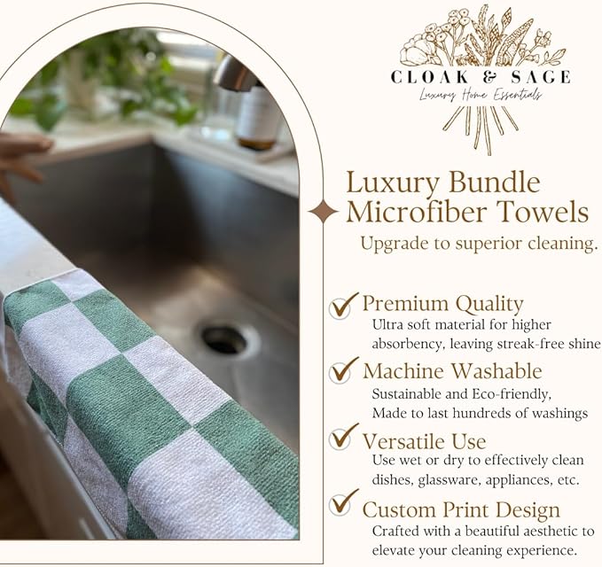 Microfiber Cleaning Cloths 13x13 – Lint-Free, Streak-Free Reusable Towels for Kitchen, Glass, Bathroom & Car | Cloak & Sage