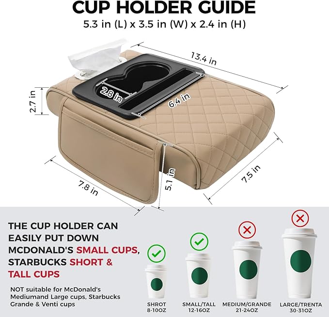 FREESOO Car Center Console Cover, Leather Armrest Cover for Car, Universal Middle Console Cushion with Storage Box, Cup Holder, Tissue Box & Phone Slot, Luxury Waterproof Interior Accessories, Beige
