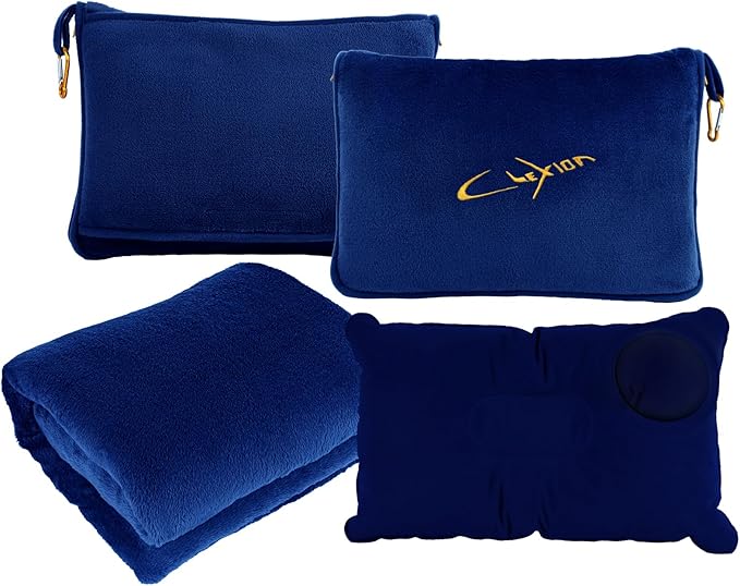 Travel Blanket & Pillow Set, 300 GSM Soft Fleece, 60x43 Inches, 3-in-1 Airplane Blanket, Travel Pillow and Blanket Set, Travel Blanket Airplane Compact with Bag, Travel Essentials, Navy