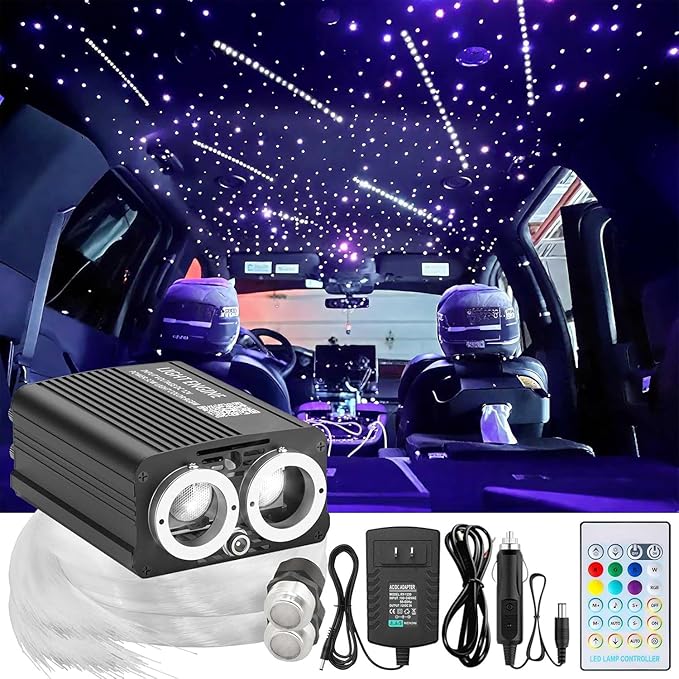 Dual Port 32W Twinkle Meteor 2 in 1 Starlight Headliner Light Kit with 1200pcs 9.8ft Fiber Optical Cable RGBW Light Source Sound Activated APP/Remote Control for Car/Home/Party