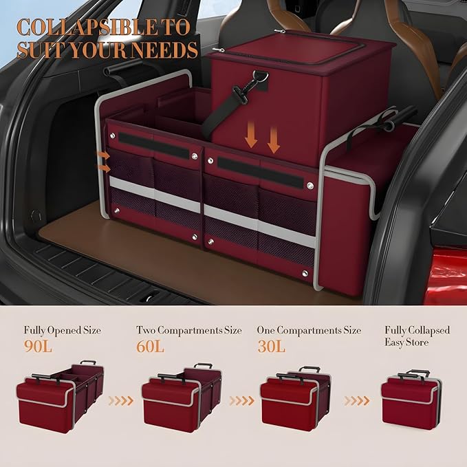 Large Trunk Organizer for SUV with Premium Portable Cooler Bag, Car Organizers and Storage with Foldable Cover, Collapsible Car Trunk Bed Organizer for Truck, 2 Retractable Straps, 90L+20L, Wine Red-C