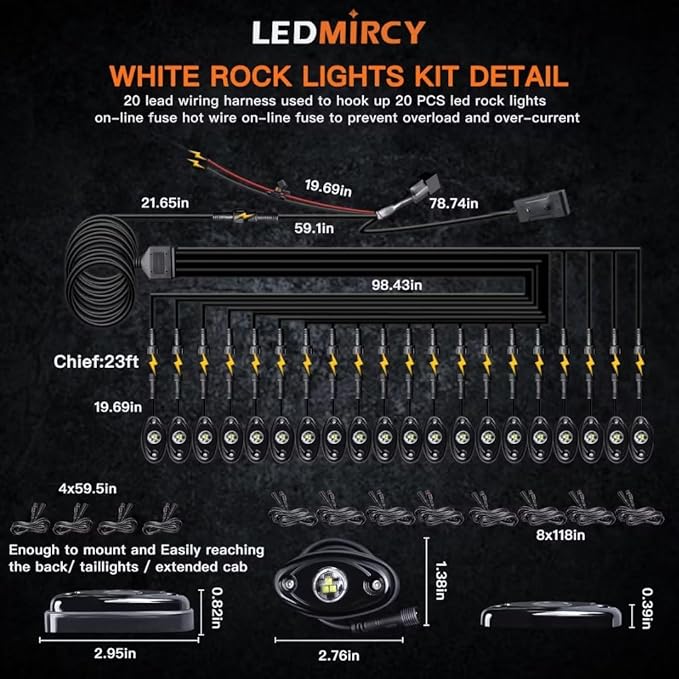 White Rock Lights,LEDMIRCY R1 Pure White LED Rock Lights Kit with Switch Wire Harness 20PCS for Trucks Off Road Boat Underglow Light Trail Rig Lights High Power Under Body Waterproof Shockproof Light