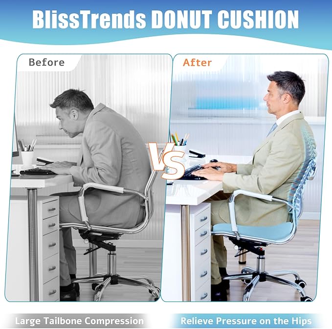 BlissTrends Donut Pillow Seat Cushion, Donut Chair Cushions for Postpartum Pregnancy & Hemorrhoids, Tailbone Pain Relief Cushion, Lifting Cushions for Office & Home Chairs (Light Blue, X-Large)