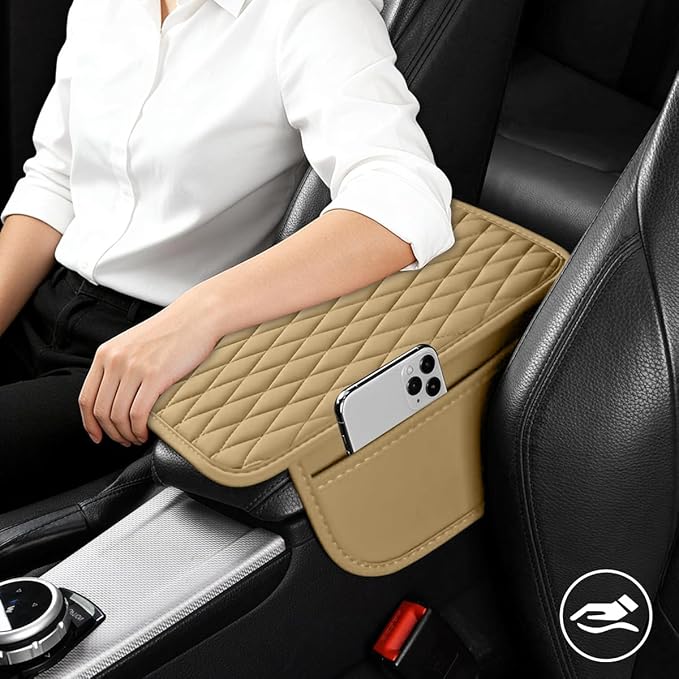 Car Armrest Cushion Pad, Leather Vehicle Center Console Cover with 2 Storage Bags, Non-Slip Automotive Interior Arm Rest Seat Box Cover Accessories, Universal for SUV RV Sedan (Beige)