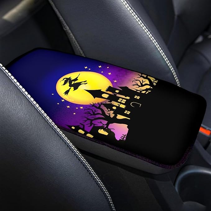 Halloween Moon Witch Car Armrest Pads Car Armrest Cushion Arm Rest Covering Car Middle Console Covers Non Slip Universal Fit for Truck Auto SUV Car Accessories