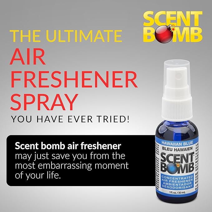 Scent Bomb Air Freshener Spray, Long-Lasting Odor Eliminator - Effective Deodorizer for Home & Car, Fresh Room Spray for Kitchen, Bathroom & Smell Neutralizer - 1 oz Pack of 4, Hawaiian Blue Scent