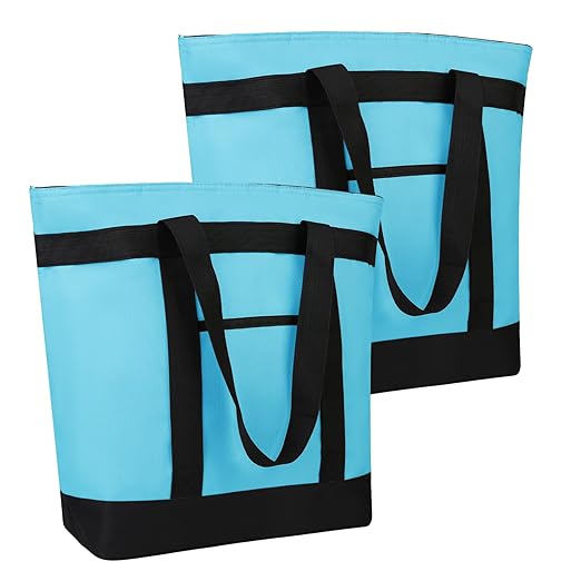 CIVJET 2PK Insulated Grocery Tote Bags, Large Reusable Cooler Bags with Zipper, Leakproof Thermal Shopping Bags for Food Delivery, Beach, Travel, for Uber Eats & Picnic, Collapsible, Blue