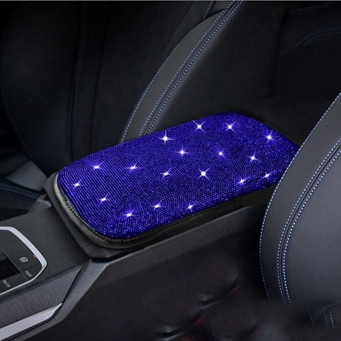 Bling Bling Car Armrest Cover Auto Center Console Protective Cover Luster Crystal Rhinestone Car Arm Rest Cushion Pad Car Interior Accessory (Bling-Blue)