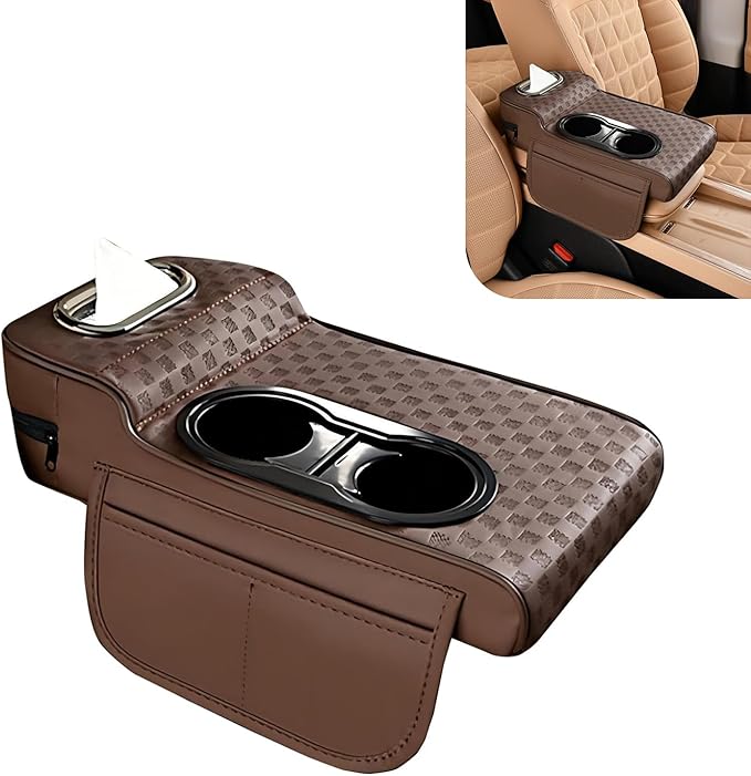 Car Center Console Leather Armrest Increase Cushion, MultiFunctional Armrest Box Pad with Dual Cup Holder, Tissue Box, Side Card Holder, Universal for Most Cars, SUVs, Trucks (Coffee)