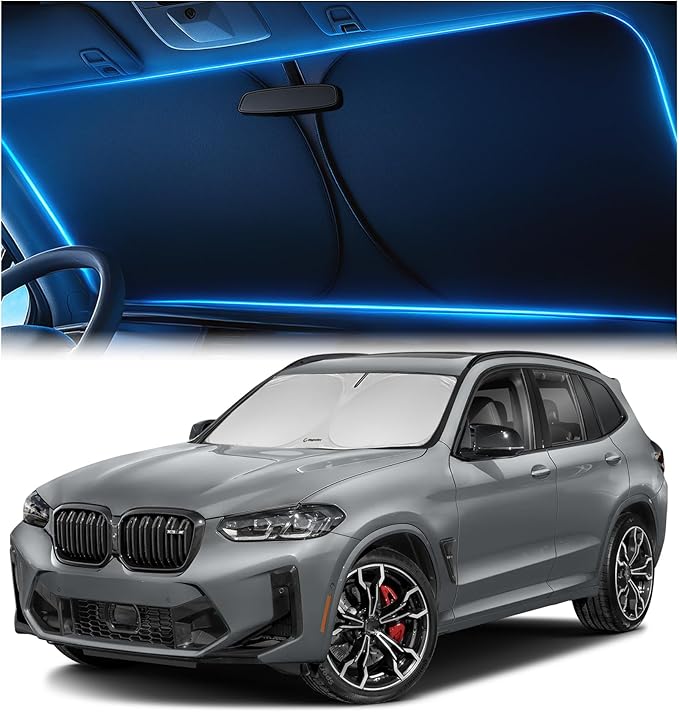 Windshield Sunshade for BMW X3 2018 2019 2020 2021 2022 2023 2024 2025 2026 – Upgraded Double-Layer Design, Mirror Cut-Out, Blocks 99% UV Rays, Thick & Durable, Easy-Fold BMW X3 Windshield Sun Shade