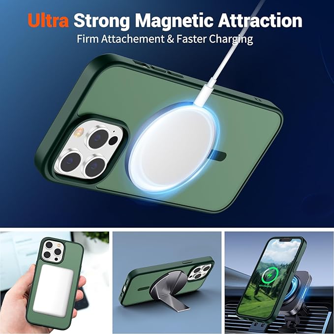 SUPFINE Magnetic for iPhone 13 Pro Max Case (Compatible with MagSafe) (Military Grade Drop Protection) Translucent Matte Shockproof Phone Case,Forest Green