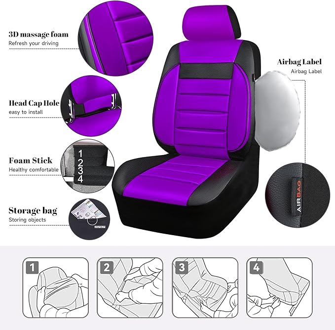 CAR PASS Leather Car Seat Covers Front Seats Only, Universal Fit 3D Foam Support Car Seat Covers for Trucks Vans SUVs Comfortable Automotive Interior Airbag Compatible 2 Pieces (Black Purple