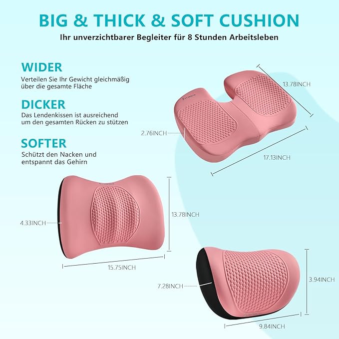 FLORICH 3 PCS Seat Cushion for Carseat Lumbar Support Pillow Car Neck Headrest Pillows Memory Foam Gel Memory Foam Massage Point Seat Pads Pressure Relief Back Cushion for Office Chair(Light Pink)