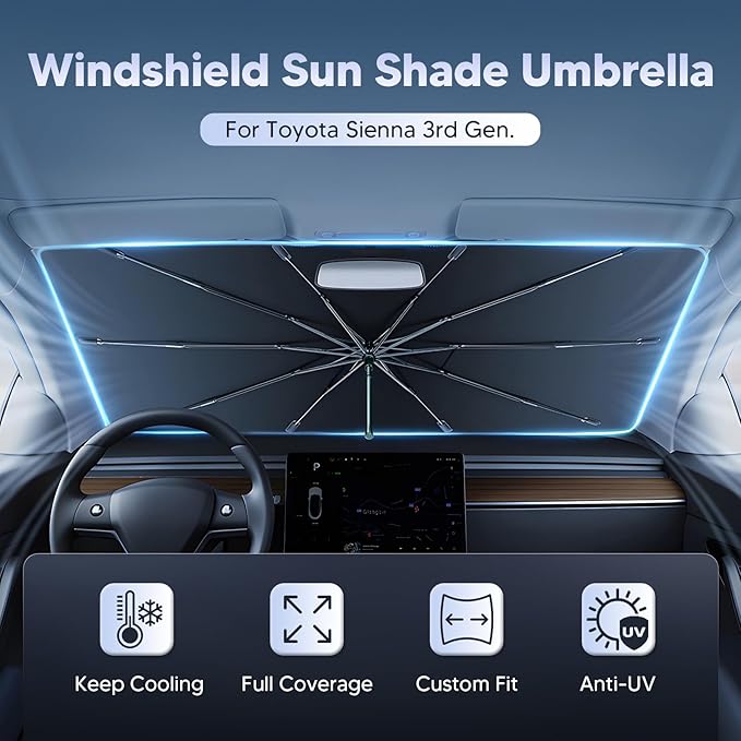Autorder Windshield Sun Shade Umbrella for 2011-2020 Toyota Sienna Accessories,Upgraded Ice Crystal Material,Easy Setup Umbrella Sunshade for Car Windshield,100% Sun Blocking