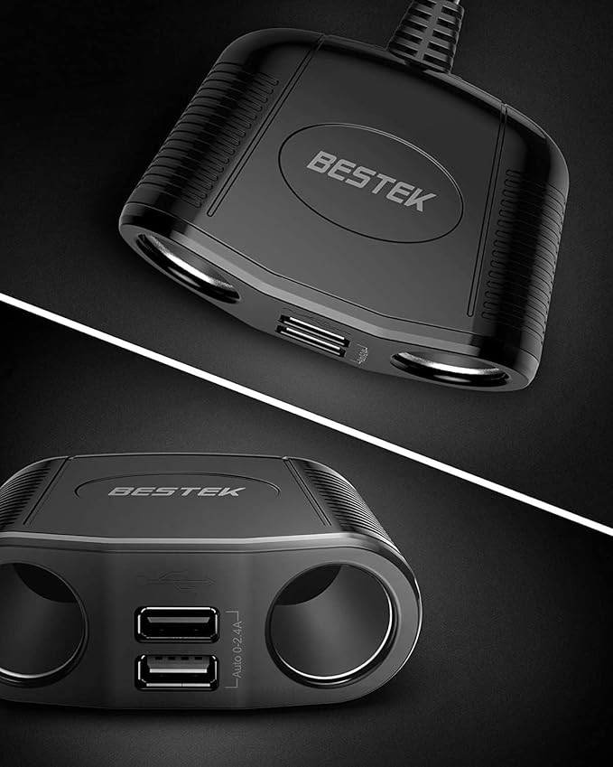 BESTEK 150W 2-Socket Car Cigarette Lighter Splitter Power Adapter DC Outlet Car Charger Dual 2.4A USB with 26 Inches Cord for Cellphone GPS Dash Cam