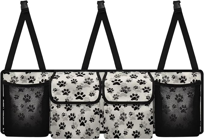 Black Dog Paw Print Trunk Hanging Storage Bag Large Capacity Car Back Seat Organizer with 4 Storage Bags,Space Saving Expert