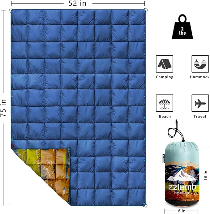 zzlamb Camping Blanket for Cold Weather,Outdoor Puffy Blanket Portable Down Alternative,Windproof Warm Cloak with Snaps,Cozy Quilt Backpacking Picnic RV Travel Plane Car Hammock Beach Climbing
