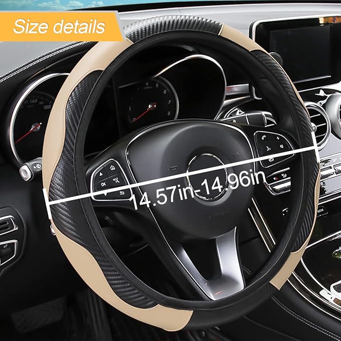 Car Steering Wheel Cover, 15 Inch PU Leather Carbon Fiber Elastic Stretch Without Inner Ring, Breathable Anti-Slip Auto Steering Wheel Protector for Women Men, Universal for Most Cars (Beige)