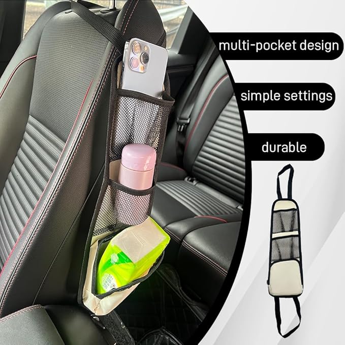 2PCS Car Seat Side Organizer, Seat Side Storage Pocket, Multifunctional Mesh Net Pocket, Car Multi-Pockets Backseat Organizer Side Hanging Bag for Storage Coins, Cell Phones (Beige, 2PCS)