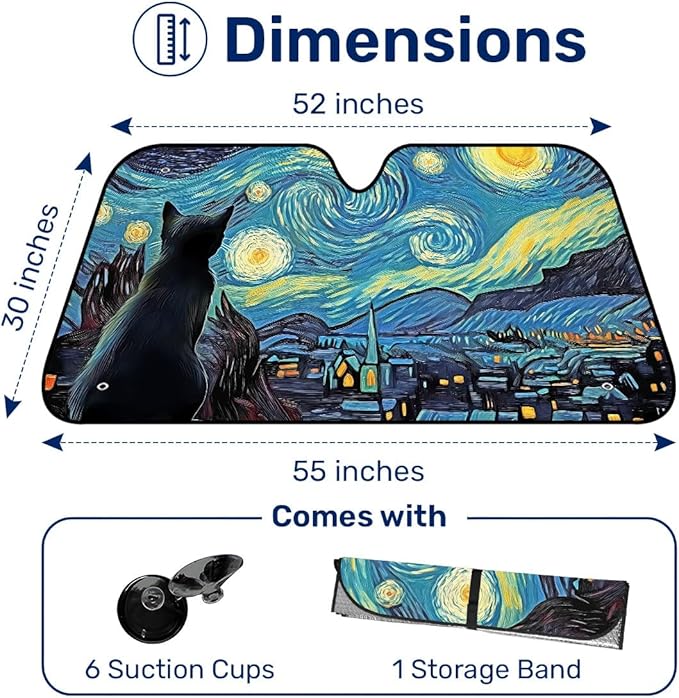 GENANY Cat Starry Night Windshield Sun Shade for Car SUV Truck (55x30 Inches), Sun Shade Windshield, Shades for Front Windows, Protector Blocks UV, Car Decor