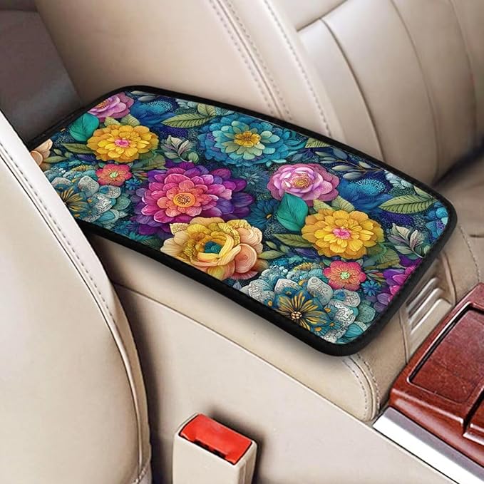 Boho Flower Center Console Cover Art Botanical Bohemian Armrest Pad Protector Abstract Wildflower Arm Rest Seat Box Cover Cushion