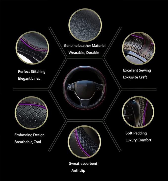 ESEWALAS Universal Car Steering Wheel Cover,Anti-Slip Leather Steering Wheel Cover,Sports Style Steering Wheel Protector,Car Interior Accessories Auto Steering Wheel Covers (Black with Purple)