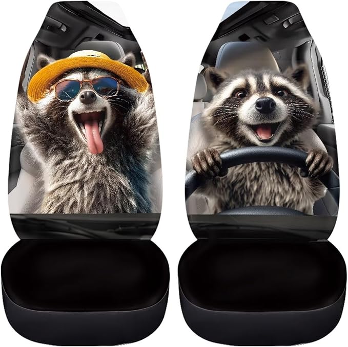 Funny Front Seat Covers for Cars Happy Raccoon Soft Bucket Seat Covers Scratchproof Premium Polyester Seat Covers for SUV Vans Sedans Trucks