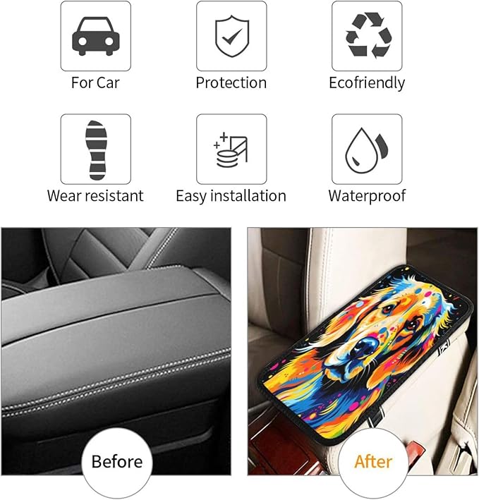 Graffiti Colorful Golden Retriever Dog Car Handrail Box Cushion Armrest Cover Auto Center Console Pad Car Decor 12.6X7.5 in