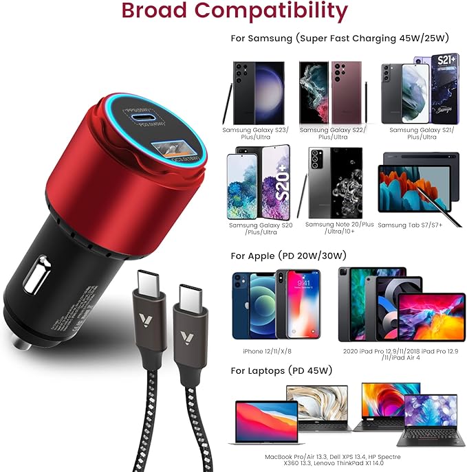 VELOGK Super Fast Type C Car Charger [73W Turbo], Fast Adaptive 55W 45W PPS/PD&QC3.0 USB C Car Adapter[Super Fast Charging 2.0]for Samsung S26/S25 Ultra/S24 Ultra/S23 Ultra/S22+/S21/S20, iPad Pro(Red)