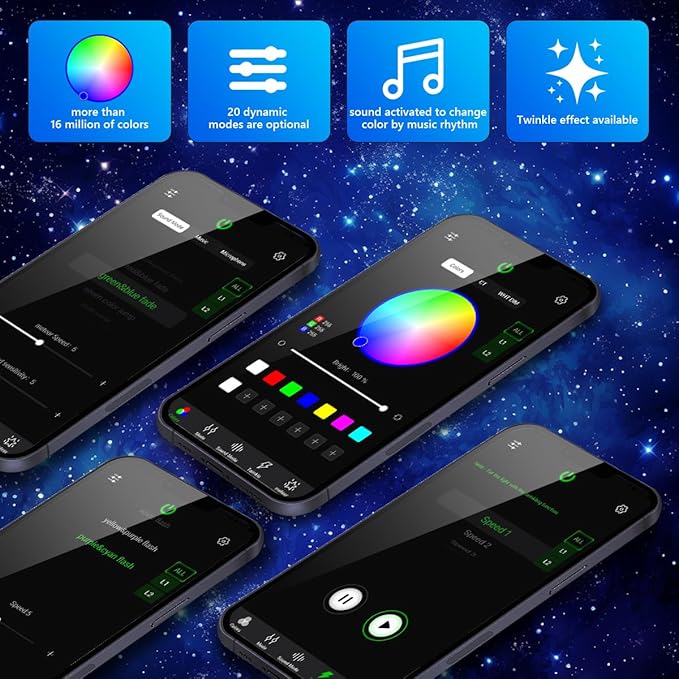 AMKI RGBW 16W Starlight Headliner Kits 550pcs*0.03in*9.8ft Cables Twinkle + Music Mode APP Remote Sound Control Fiber Optic Light for Car Home Star Ceiling Light Kit