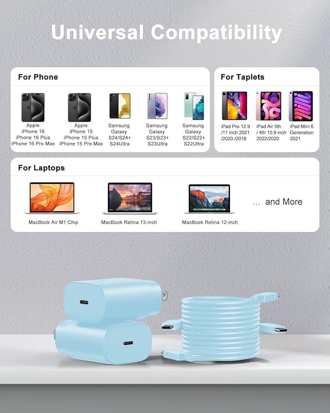 Type C Charger Fast Charging, 2Pack [10FT&6FT] Long USB C Cable with 25W Phone Super Fast Charger Block Compatible with Galaxy S25/S24/Plus/Ultra,iPhone 15/16/17/Air/Plus/Pro Max