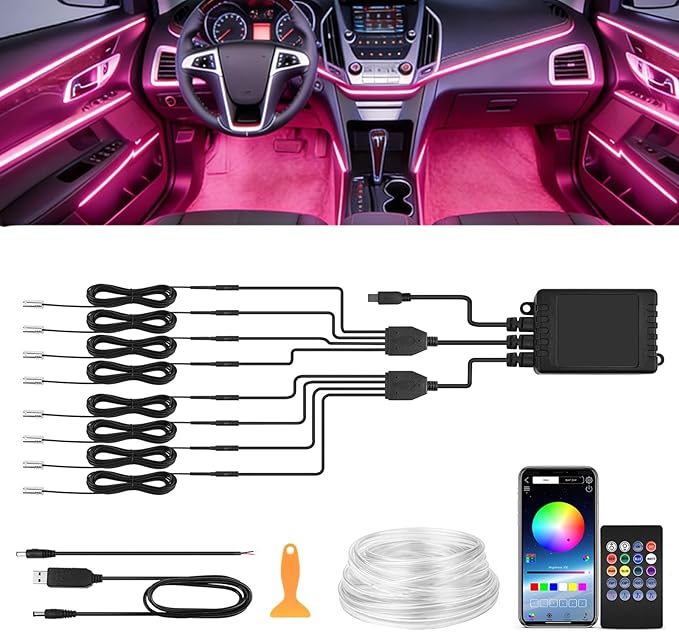 Car Interior LED Strip Lights, 10m RGB 8 in 1 Car Ambient Decor Neon Lights Kit 400 inches Fiber Optic tubing USB Powered RGB with Wireless APP Remote Control, Ambient Lighting Kits 16 Million Colors