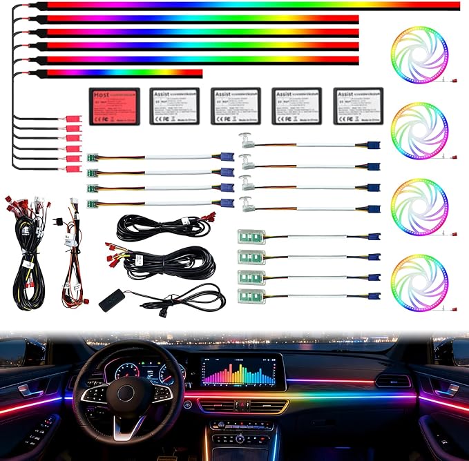 Car Interior Lighting, 22-in-1 HMYC 128 Colorful LED Acrylic Fiber Optic Strips, Universal Decorative Ambient Lighting with Music-synced Rhythm, app Control, RGB neon Lighting for All Cars