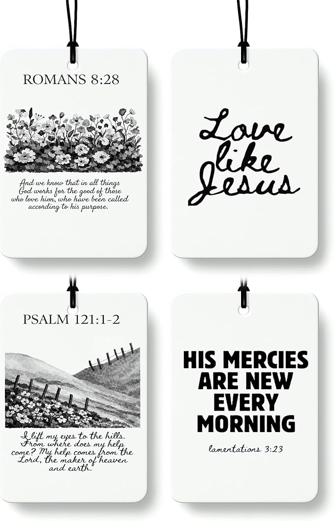 Cute Black Christian Car Air Freshener 4 Pcs, Preppy Floral Religious Bible Verse Hanging Air Freshener for Cars Bathroom Dorm Books Decor, Pink Girly Accessories Gifts for Women Girls