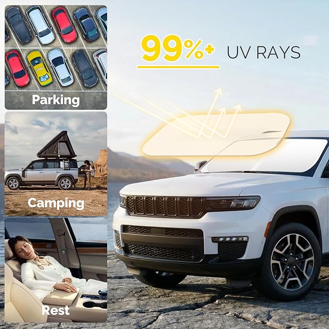 Car Windshield Sun Shade for 2014-2025 2026 Jeep Cherokee Sun Shade for Trailhawk Overland Limited Latitude Altitude Accessories Front Window Sunshade Sun Visor Windshield Cover UV Block