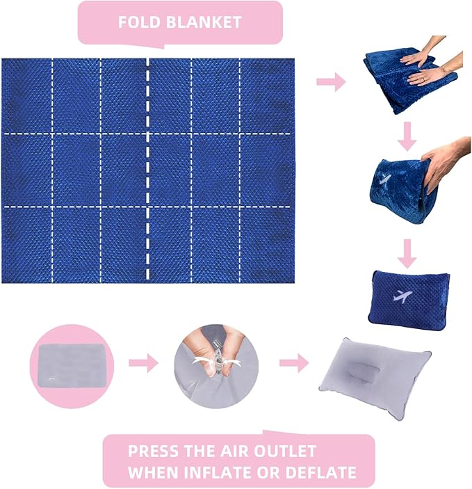 3 in 1 Travel Blanket Pillow Set - 350 GSM Thick Travel Blanket Airplane Compact with Bag, Soft Bag with a Pocket, Inflatable Travel Pillow for Camping & Car Trip (Royal Blue)