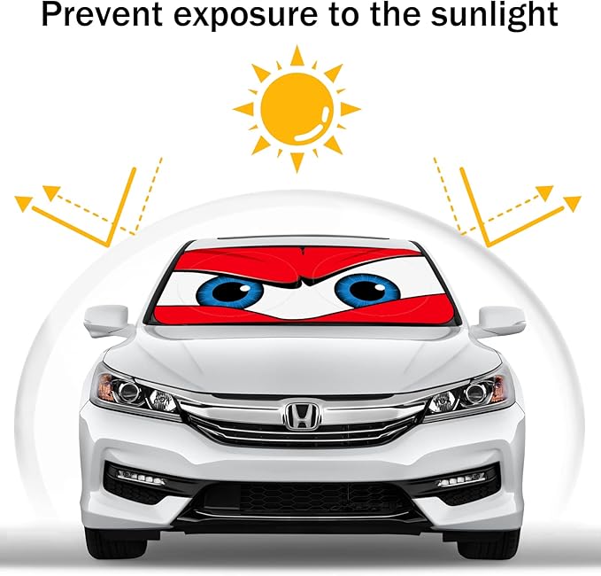 Car Windshield Sun Shade, Funny Car Eyes Sun Visor Wear-Resistant Black Tape, Foldable 63.7" L x 32" W