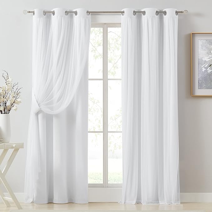 Bujasso White Full Blackout Curtain Panels with Sheer Overlay Mix and Match Double Layer Thermal Insulated Window Treatment Set for Living Room White Drapes with Tiebacks Grommet Top 37" Wx108 Lx2