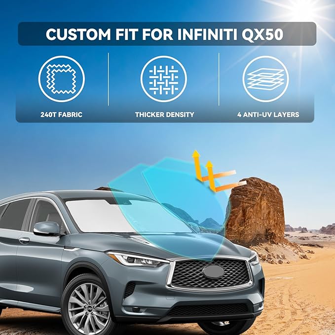 for Infiniti QX50 QX55 2019-2025 2026 Windshield Sun Shade - 4 Layers Car Sunshades for Front Windows Shade Cover Custom Fit QX50 QX55 Sun Visor 250T Retractable Shade Blocks UV Rays Car Accessories