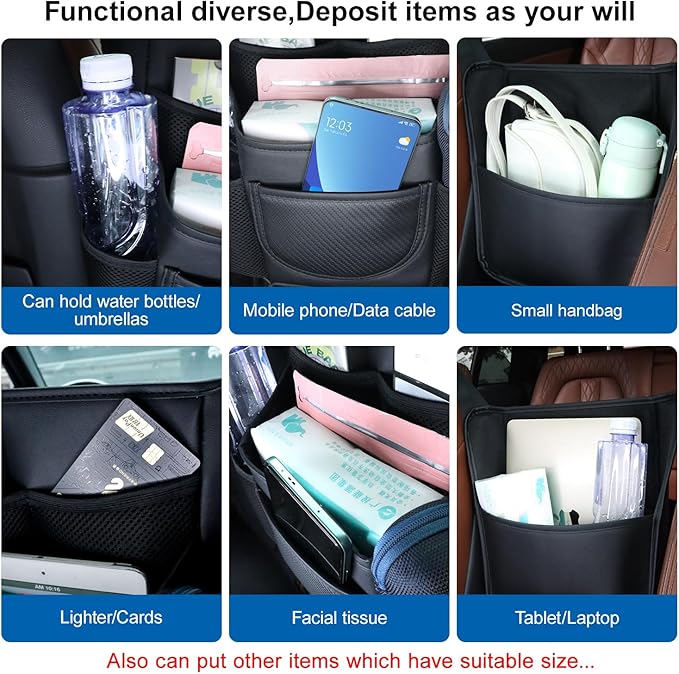 Car Purse Holder Between Front Seats PU Leather Bag Holder Above Armrest Box Child Barrier Front Seat Snack Organizer Bag Storage Auto Interior Accessories(Medium Size)