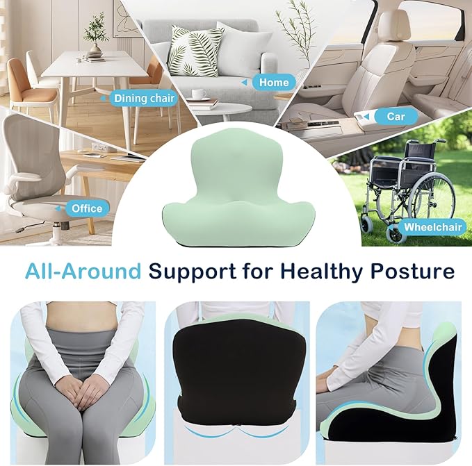 Seat Cushion, Office Chair Cushion, L-Shaped Ergonomic Car Seat Cushions, Memory Foam Chair Cushion, Lumbar Support Pillow for Wheelchair, Car, Home, Office, Desk, Green