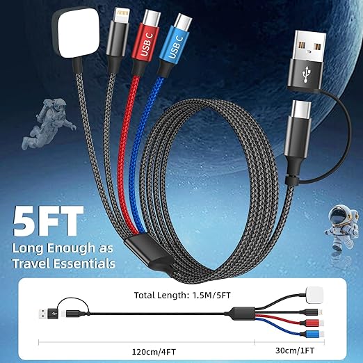 Travel Essentials Dual Type-C Port 4 in 2 Multi Charging Cable for iWatch Charger/iPhone17/IP, Cruise Essentials 2026, USBA/USBC Cable for iWatch Ultra/SE/11-2, iPhone17-8, GalaxyS26, Car- 2Pcs 5FT