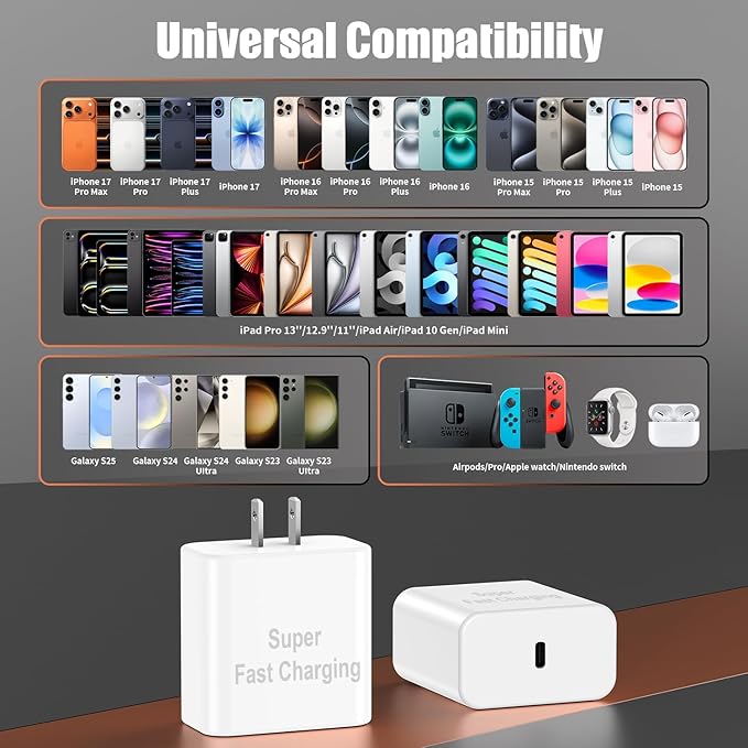 iPhone 17 16 Pro Max Charger Fast Charging, Super Fast USB C Chargers for iPhone 16 (6FT+6FT+10FT) Type C Chargers Cord with Fast Charger Block for iPhone 17/16/15 Series/iPad/ GalaxyS26/S25
