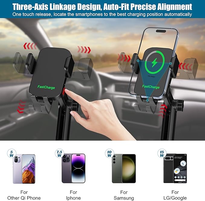 Wireless Car Charger Phone Mount Cup Holder, 3 in 1 15W Fast Charging Auto Clamping Cup Holder Expander for Car, Phone Holders for Your Car CupHolder Wireless Charger Compatible for All Smartphones